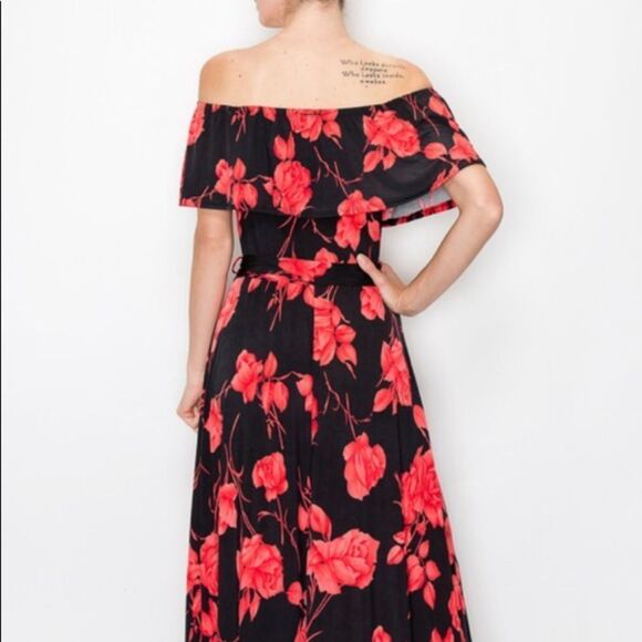 Red Roses Off Shoulder Maxi Dress - Picture 2 of 5